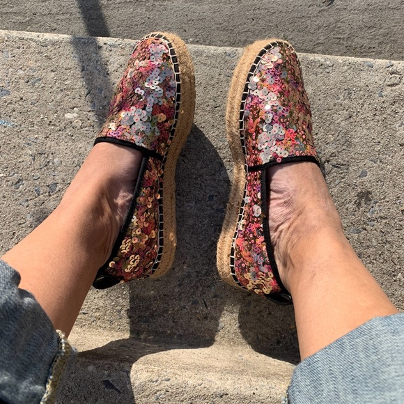 Beautiful sparkly sequence copper espadrilles.  Rubber on bottom not that worn. - Picture 1 of 7